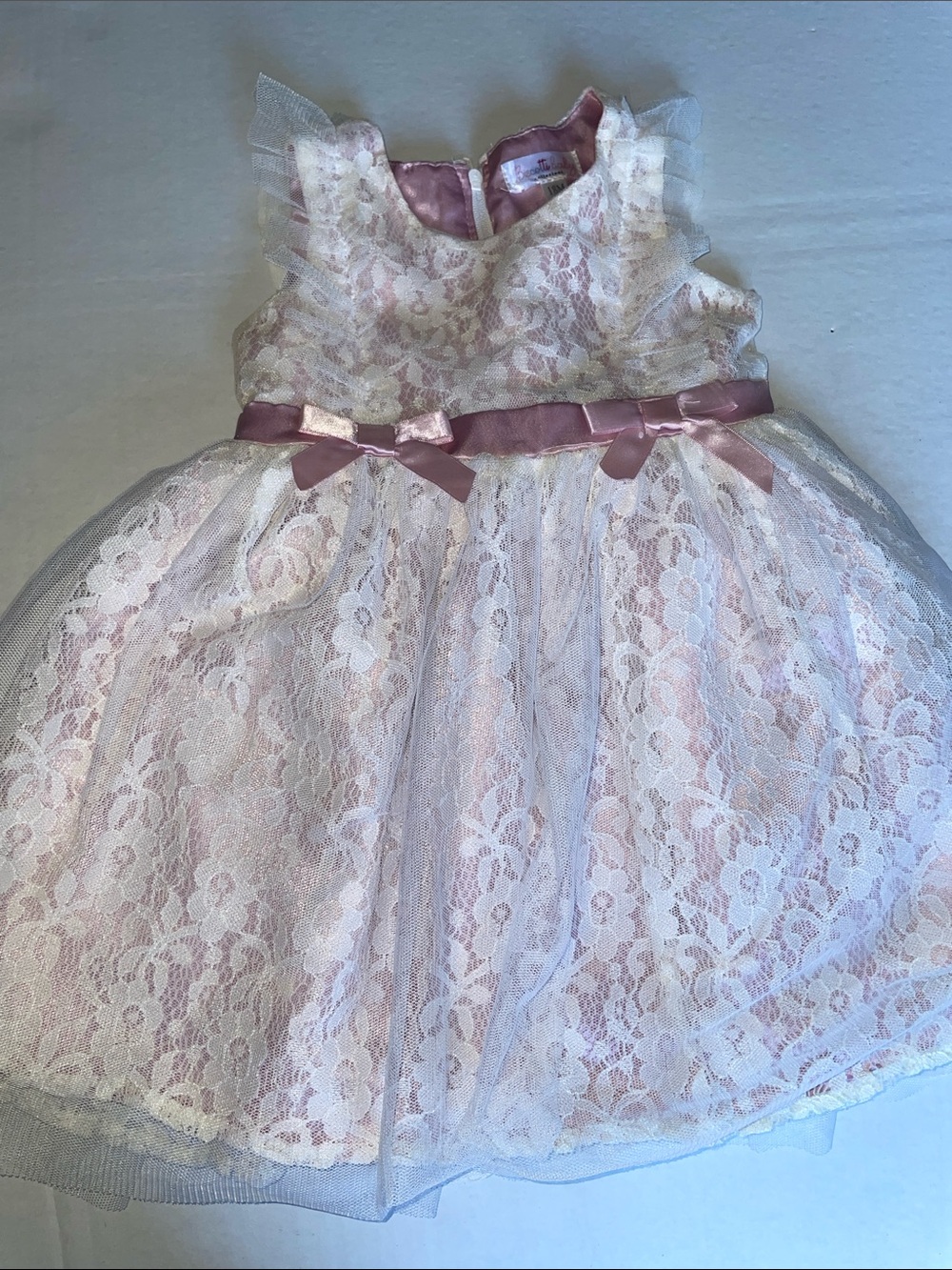 Vintage Style Girls Pink Lace Tulle Party Dress with Satin Bow Size 28 M